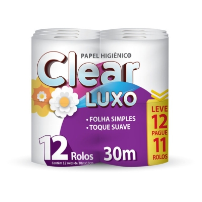 Papel Higiênico Clear Luxo Folha Simples 30m Leve 12 Pague 11